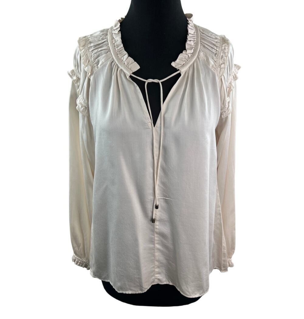 SUNDANCE Beige Blouse Ruffled Tie Split Neck Long Sleeve Pullover Size Medium M